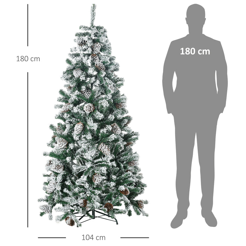 Árvore de Natal Artificial Altura 180 cm Árvore Nevada com 695 Ramos 57 Pinhas e Base de Aço Dobrável Ø104x180 cm Verde