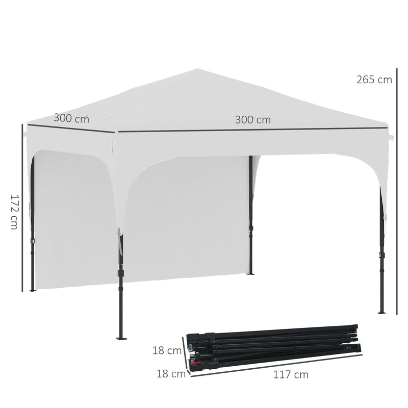 Tenda Dobrável 3x3m com Altura Ajustável Tenda de Jardim com 1 Parede Lateral Teto com Ventilação 4 Sacos de Areia e Bolsa de Transporte para Campismo Festas Branco