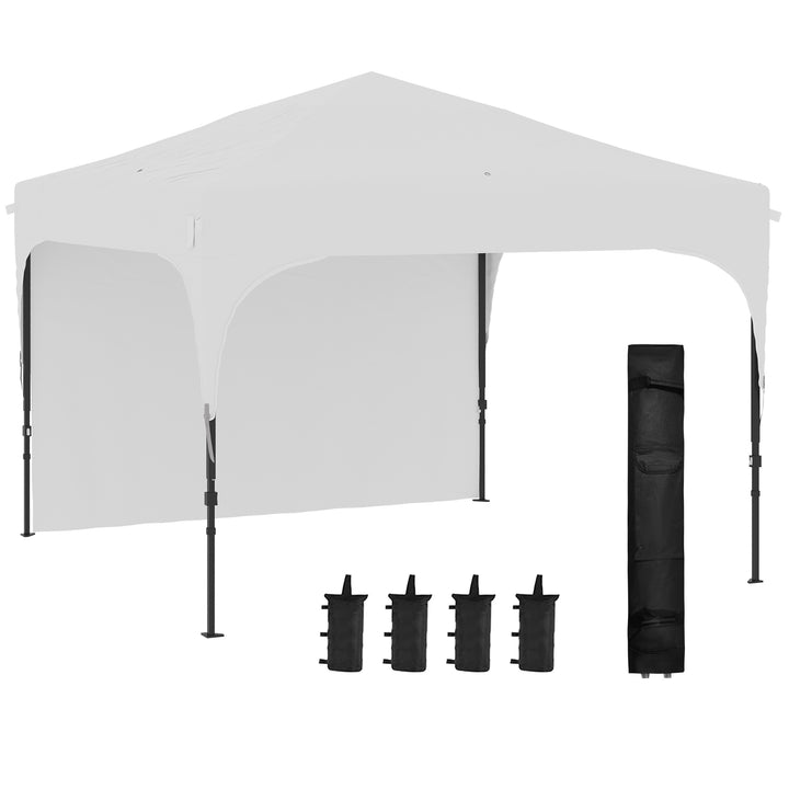 Tenda Dobrável 3x3m com Altura Ajustável Tenda de Jardim com 1 Parede Lateral Teto com Ventilação 4 Sacos de Areia e Bolsa de Transporte para Campismo Festas Branco