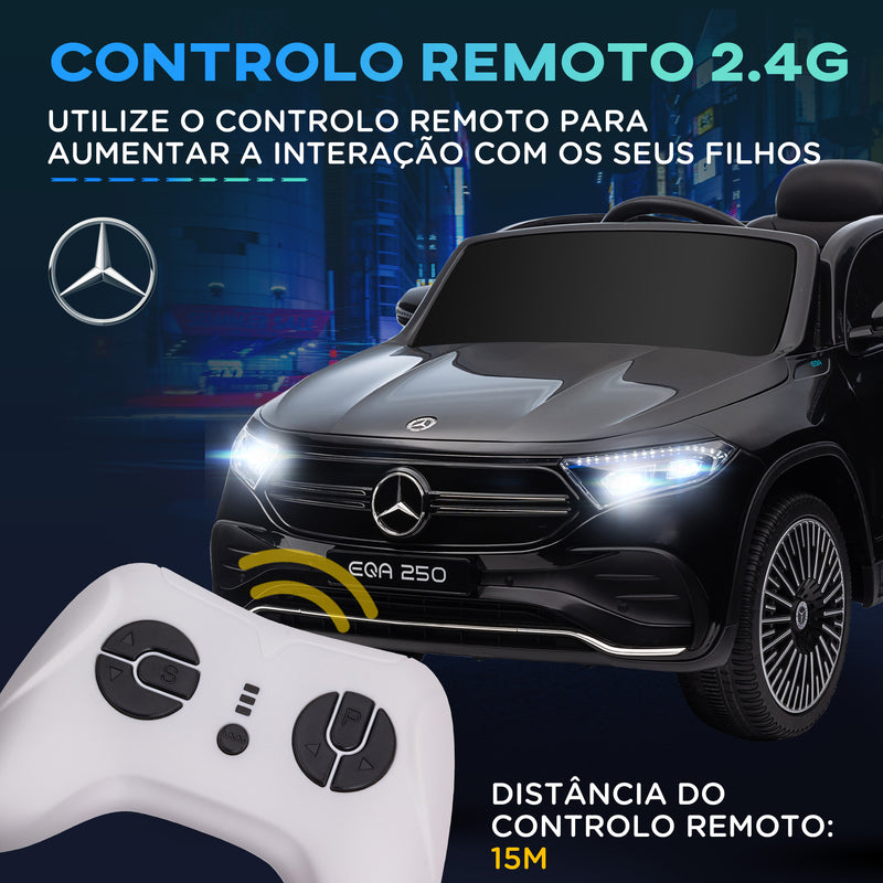 Carro Elétrico para Crianças Mercedes-Benz EQA Carro a Bateria 12V com Controlo Remoto Música Buzina Velocidade 3-8 km/h para Crianças 3-8 Anos 111,5x69x52,5 cm Preto