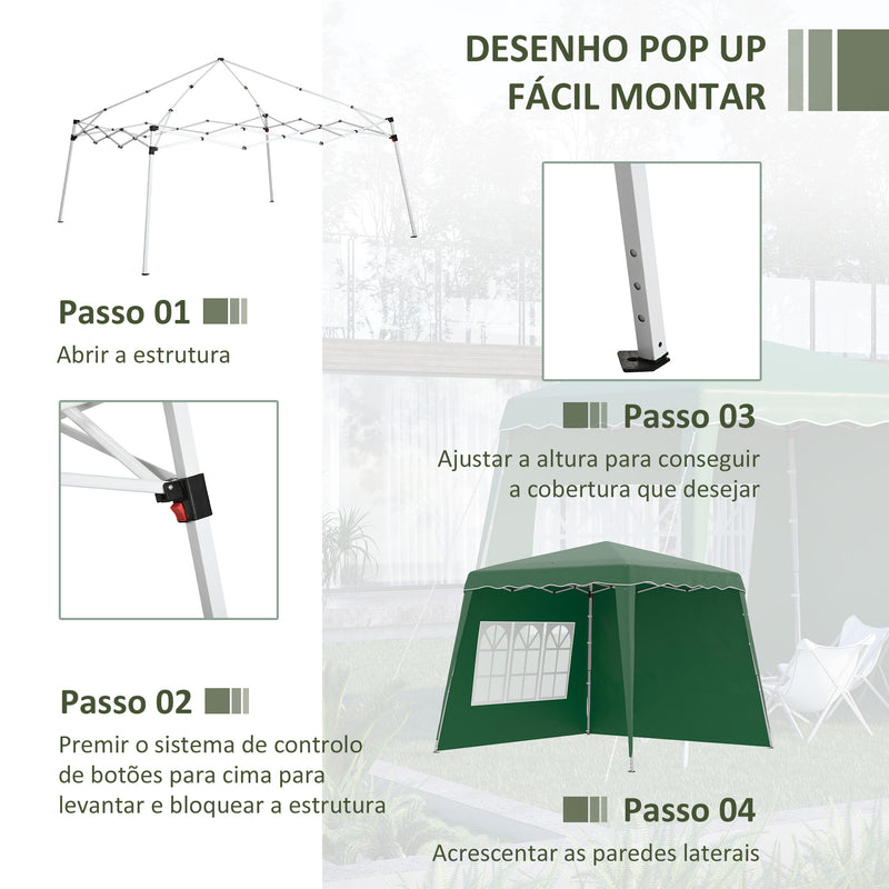 Tenda Dobrável com 2 Paredes Laterais 2,4x2,4 m Tenda de Jardim com Altura Ajustável Proteção UV50+ e Bolsa de Transporte para Exteriores Pátio Verde