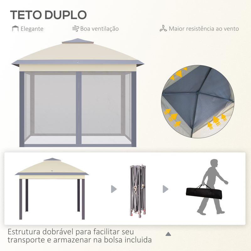 Pérgola Dobrável Exterior 3,3x3,3 m com Altura Ajustável Pérgola de Jardim com Teto Duplo 4 Mosquiteiras Removíveis e Bolsa de Transporte para Acampamento Festas Bege