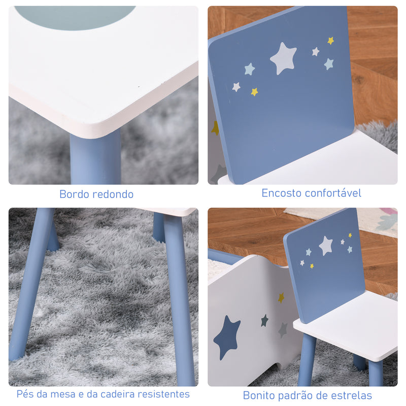 Conjunto de Mesa Infantil e 2 Cadeiras de Madeira Mesa com Cadeiras para Crianças de 2-4 Anos Mesa 60x40x43 cm e Cadeiras 28x26x48 cm para Dormitório Sala de Estar Branco e Azul