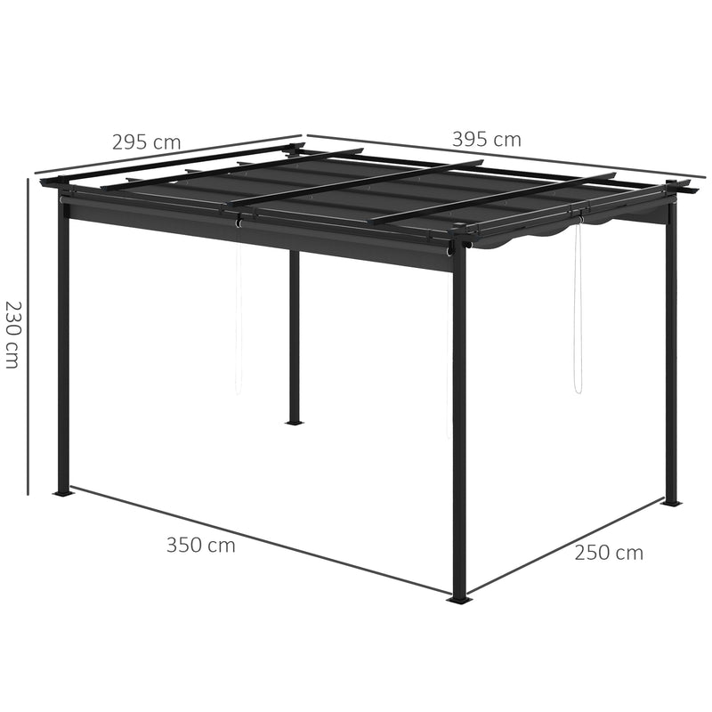 Pérgola de Jardim 3,95x2,95 cm Pérgola para Exterior com Teto Retrátil 4 Cortinas Enroláveis de Poliéster e Estrutura de Metal para Pátio Varanda Cinza Escuro