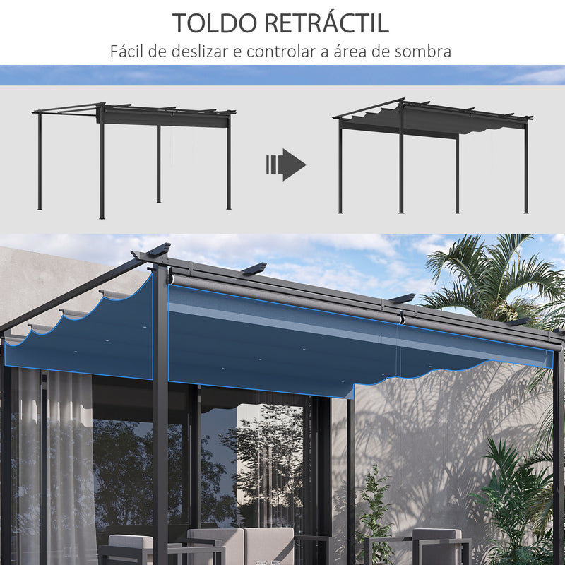 Pérgola de Jardim 3,95x2,95 cm Pérgola para Exterior com Teto Retrátil 4 Cortinas Enroláveis de Poliéster e Estrutura de Metal para Pátio Varanda Cinza Escuro