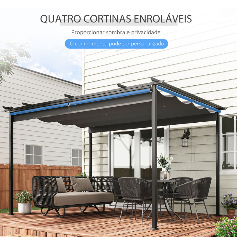 Pérgola de Jardim 3,95x2,95 cm Pérgola para Exterior com Teto Retrátil 4 Cortinas Enroláveis de Poliéster e Estrutura de Metal para Pátio Varanda Cinza Escuro