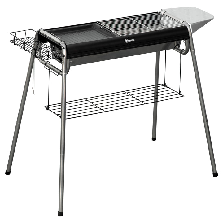 Barbecue a Carvão Barbecue Portátil com Grelha de Aço Inoxidável Prateleira para Temperos e Prateleira de Armazenamento para Jardim Campismo 96x61x72 cm Preto