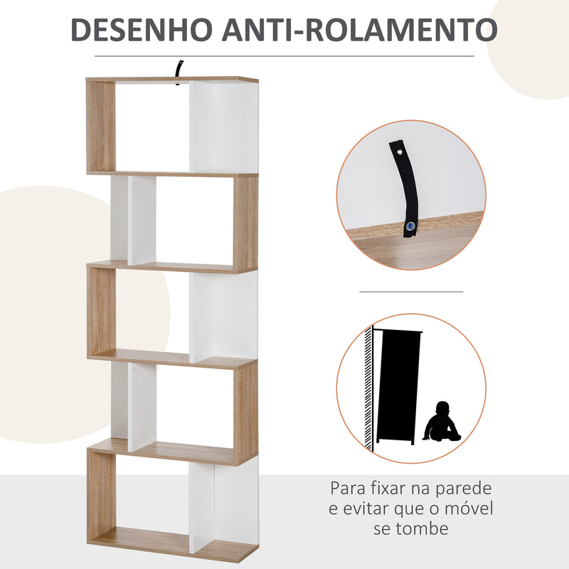 Estante para Livros Estante Alta de Parede com 5 Níveis em Forma de S Desenho Moderno para Sala de Estar Escritório 60x24x184,5cm Branco e Madeira