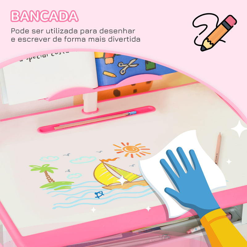 Conjunto de Secretária e Cadeira para Crianças de 6-12 Anos Secretária Infantil com Altura Ajustável 1 Gaveta 1 Suporte para Lápis e 1 Prateleira para Livros 60x45x90-120 cm Rosa