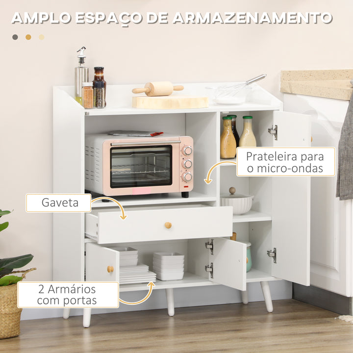 Armário de Cozinha para Micro-ondas Armário Baixa de Cozinha Móvel Auxiliar de Sala de Jantar com 3 Portas Gaveta e Compartimentos 90x30x94 cm Branco