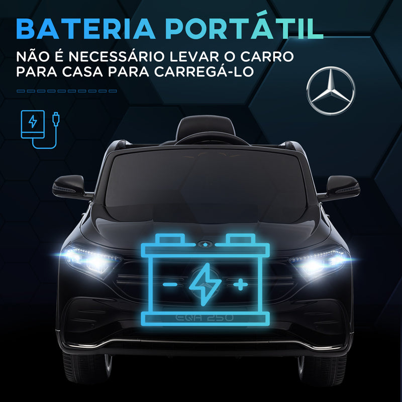 Carro Elétrico para Crianças Mercedes-Benz EQA Carro a Bateria 12V com Controlo Remoto Música Buzina Velocidade 3-8 km/h para Crianças 3-8 Anos 111,5x69x52,5 cm Preto