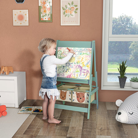 Cavalete para Crianças 3 em 1 Cavalete Infantil de Dupla Face Cavalete de Arte com Rolo de Papel Quadro e 2 Cestas de Armazenamento 54x46,5x93 cm Verde