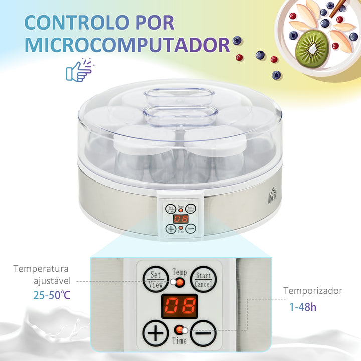 Iogurteira 20W Capacidade 1,26L Máquina de Iogurte com 7 Frascos de Cristal de 180 ml Termóstato Ajustável Temporizador de 1-48 horas e Ecrã LED 24x24x13 cm Branco