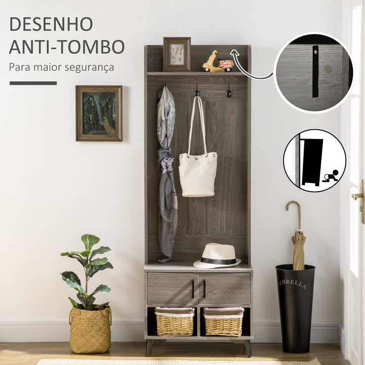 Móvel Cabide de Entrada com Sapateiro Móvel de Entrada com 3 Ganchos 2 Portas 2 Compartimentos e Prateleira de Armazenamento para Corredor 60x34x170 cm Cinza