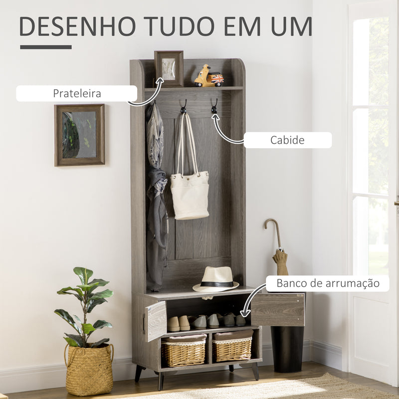 Móvel Cabide de Entrada com Sapateiro Móvel de Entrada com 3 Ganchos 2 Portas 2 Compartimentos e Prateleira de Armazenamento para Corredor 60x34x170 cm Cinza