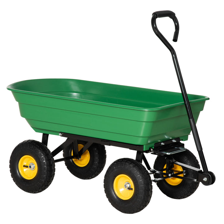 Carrinho de Jardim com Caçamba Inclinável até 75° Carrinho de Mão com Guiador Ajustável e 4 Pneus Capacidade Máxima 75L Aço 109x52x94 cm Verde Escuro