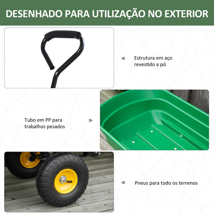 Carrinho de Jardim com Caçamba Inclinável até 75° Carrinho de Mão com Guiador Ajustável e 4 Pneus Capacidade Máxima 75L Aço 109x52x94 cm Verde Escuro
