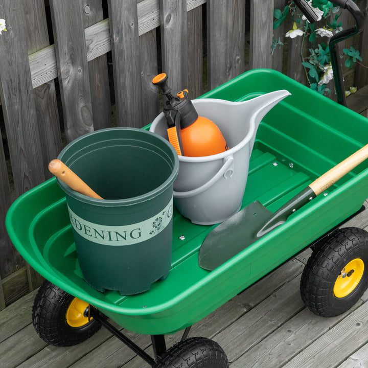 Carrinho de Jardim com Caçamba Inclinável até 75° Carrinho de Mão com Guiador Ajustável e 4 Pneus Capacidade Máxima 75L Aço 109x52x94 cm Verde Escuro