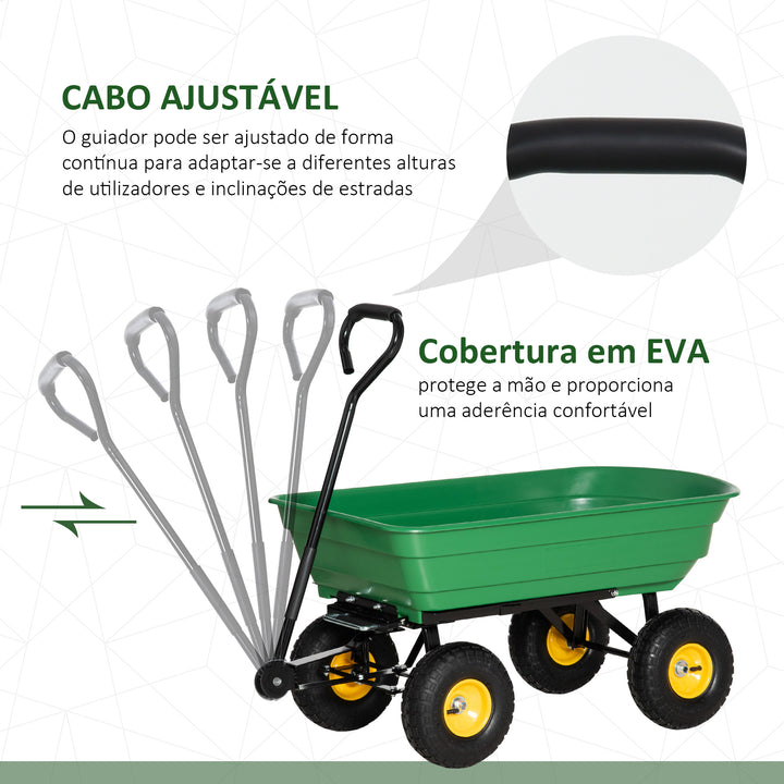 Carrinho de Jardim com Caçamba Inclinável até 75° Carrinho de Mão com Guiador Ajustável e 4 Pneus Capacidade Máxima 75L Aço 109x52x94 cm Verde Escuro