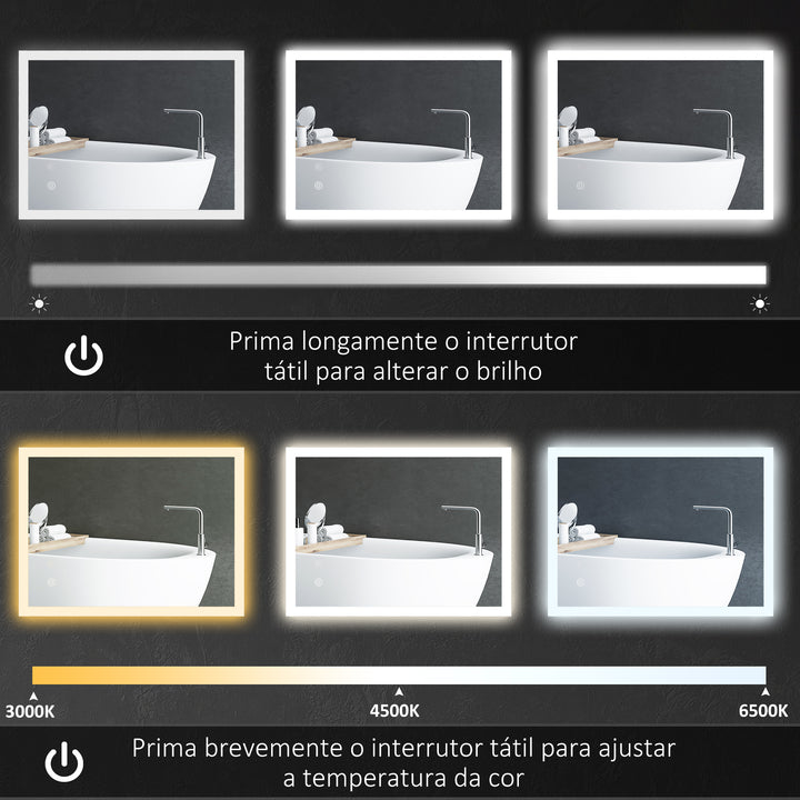 Espelho Casa de Banho com Luzes LED 70x50 cm Espelho de Parede com Função Antiembaciamento 3 Cores Função de Memória Interruptor Tátil e Classificação IP44 Horizontal ou Vertical Prata