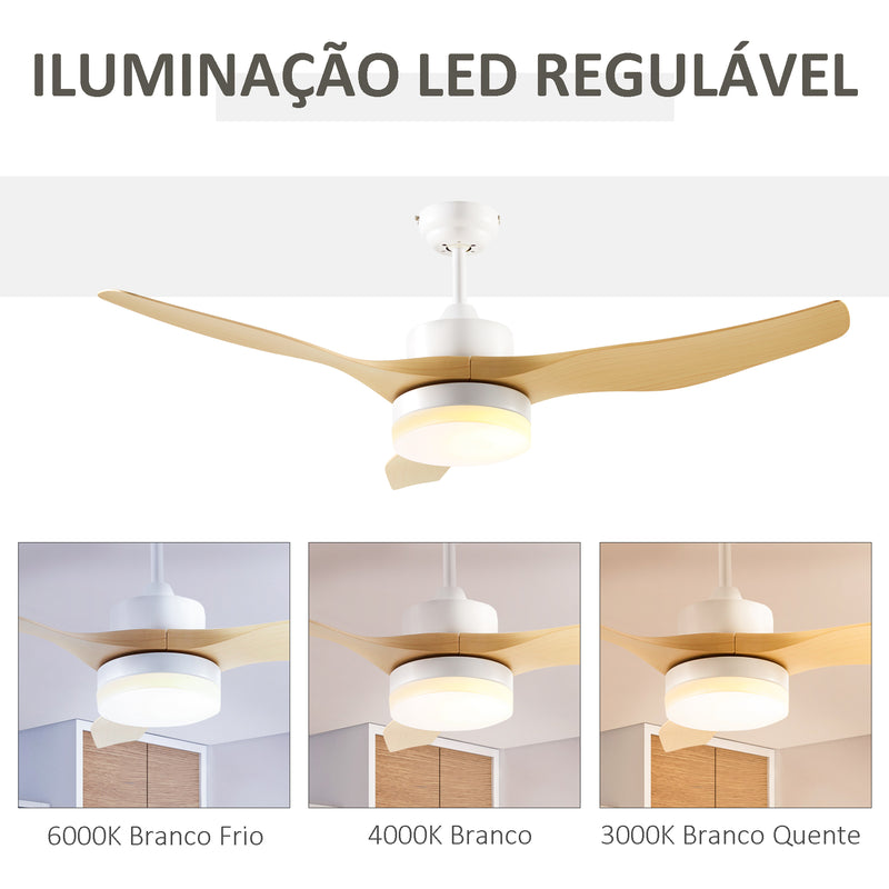 Ventoinha de Teto 20,5W Diâmetro 132cm com Controle Remoto Luz LED Ajustável em 3 Níveis 3 Lâminas Reversíveis 6 Velocidades e Temporizador para Dormitório Sala de Estar Madeira