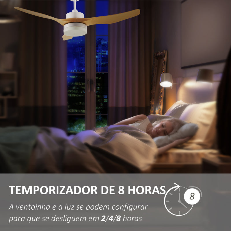 Ventoinha de Teto 20,5W Diâmetro 132cm com Controle Remoto Luz LED Ajustável em 3 Níveis 3 Lâminas Reversíveis 6 Velocidades e Temporizador para Dormitório Sala de Estar Madeira