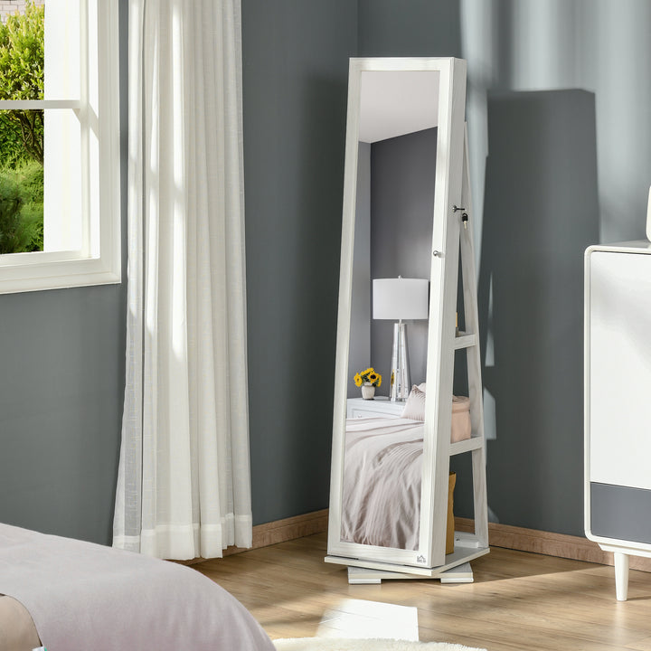 Joalheiro de Pé Armário para Jóias 360° Organizador de Jóias com Fechadura e Espelho Incorporado Carga Máxima 20 kg 38x38x160 cm Branco
