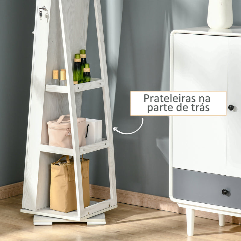 Joalheiro de Pé Armário para Jóias 360° Organizador de Jóias com Fechadura e Espelho Incorporado Carga Máxima 20 kg 38x38x160 cm Branco