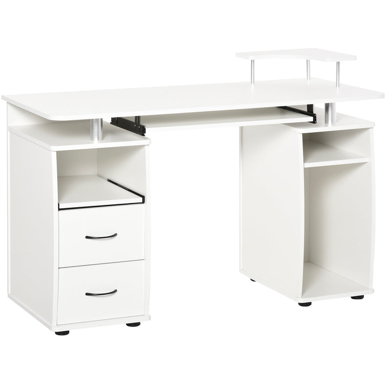 Mesa de Computador Mesa de Escritório com Múltiplas Prateleiras 2 Gavetas Bandeja de Teclado e Suporte para Monitor e CPU 120x55x85 cm Branco