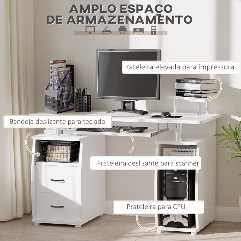 Mesa de Computador Mesa de Escritório com Múltiplas Prateleiras 2 Gavetas Bandeja de Teclado e Suporte para Monitor e CPU 120x55x85 cm Branco