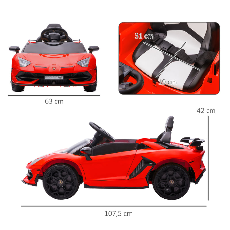 Carro Elétrico Lamborghini para Crianças de 37 a 60 Meses Carro Elétrico a Bateria 12V Velocidade Máxima 5km/h Controlo Remoto MP3 Luzes e Cinto de Segurança 107,5x63x42 cm Vermelho