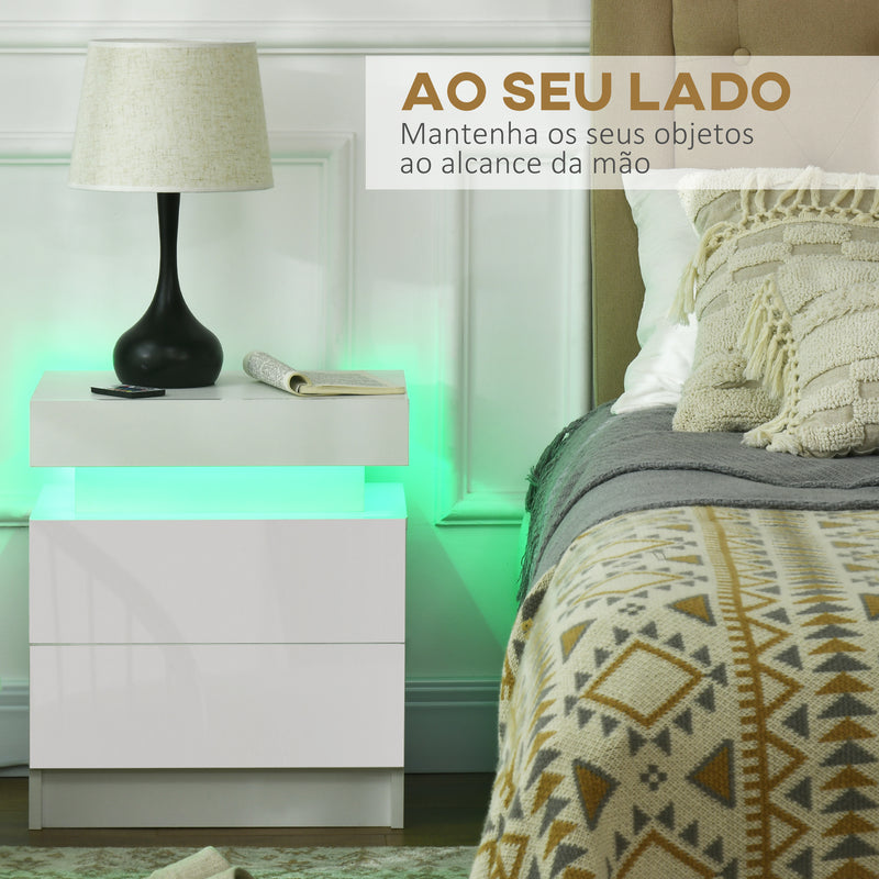 Mesa de Cabeceira com Luz LED Mesa de Cabeceira com Painel de Alto Brilho 2 Gavetas e Controlo Remoto para Sala de Estar Dormitório 45x35x52 cm Branco