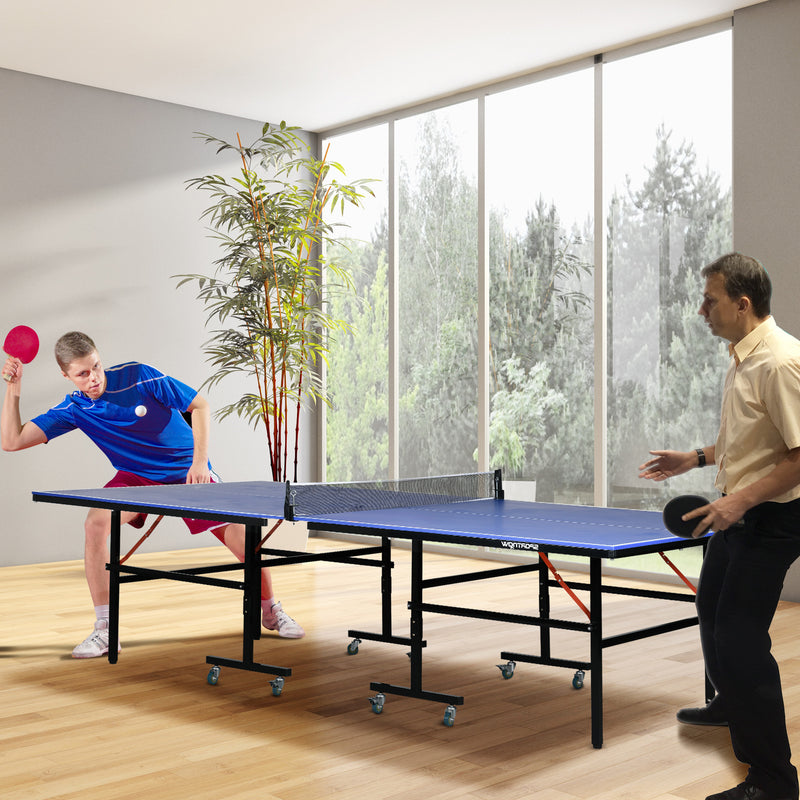 Mesa de Ping Pong Dobrável com Rodas Mesa de Ping Pong Profissional para Interior e Exterior Tamanho Padrão com Rede Raquetes e Bolas 274x152,5x76 cm Azul