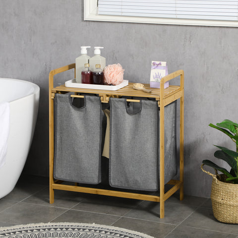 Cesto de Roupa de Bambu Cesto de Roupa Suja para Lavandaria com 2 Bolsas Amovíveis e Prateleira para Dormitório Casa de Banho Lavandaria 63,5x33x73 cm Madeira e Cinza