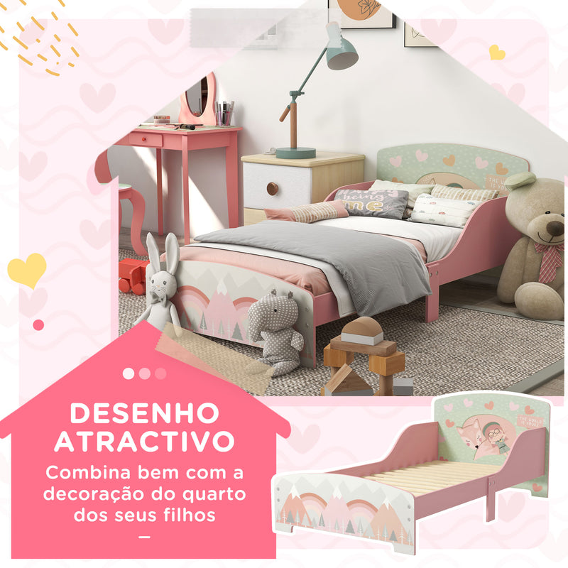 Cama para Crianças de Madeira 143x77x60 cm Cama para Crianças de 3-6 Anos com Barreira de Proteção e Estampados Carga Máx. 40 kg Rosa