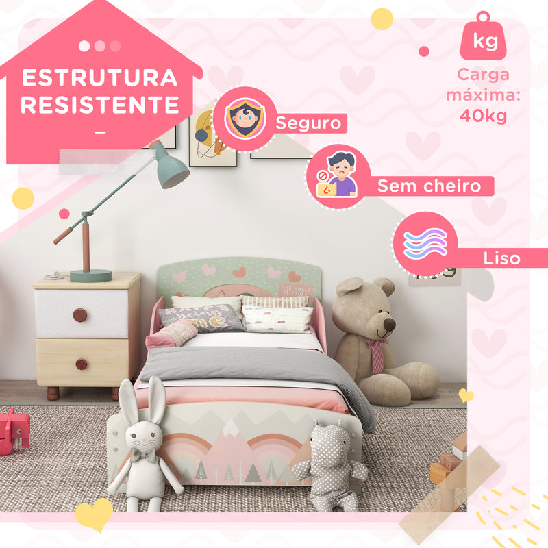 Cama para Crianças de Madeira 143x77x60 cm Cama para Crianças de 3-6 Anos com Barreira de Proteção e Estampados Carga Máx. 40 kg Rosa