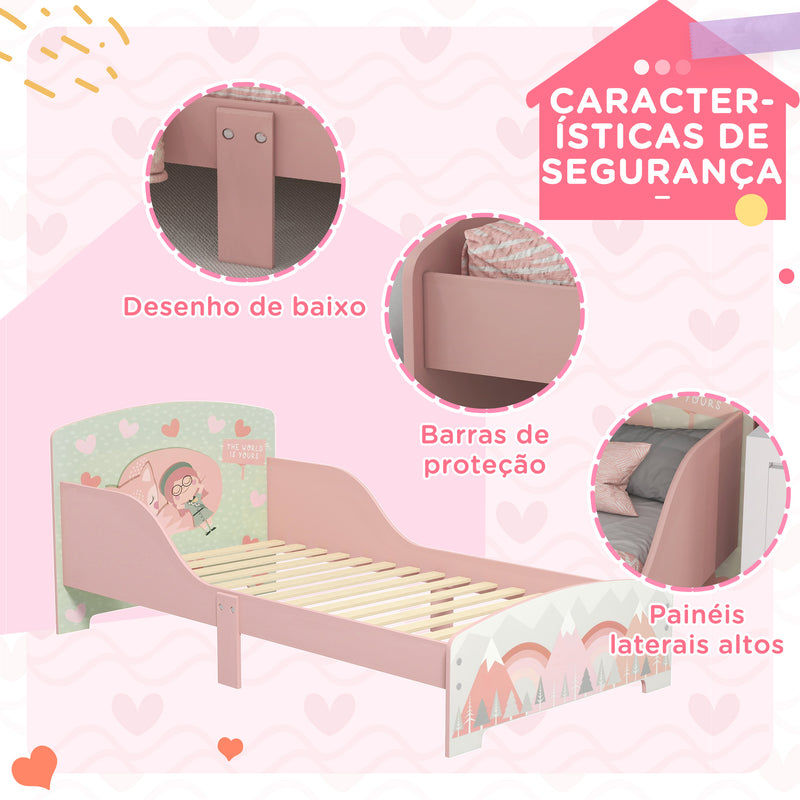 Cama para Crianças de Madeira 143x77x60 cm Cama para Crianças de 3-6 Anos com Barreira de Proteção e Estampados Carga Máx. 40 kg Rosa