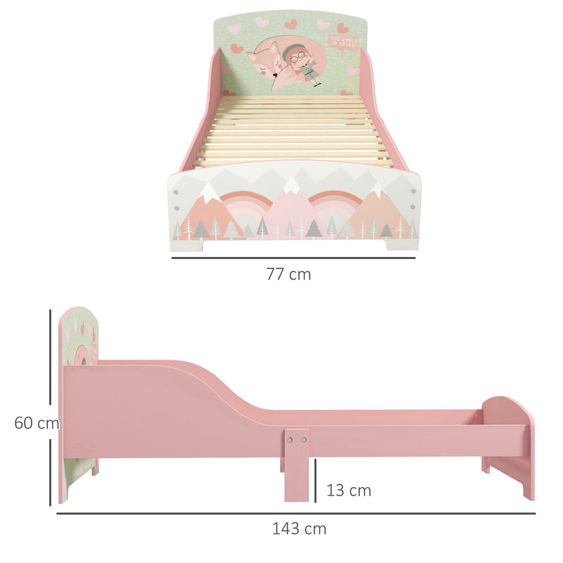 Cama para Crianças de Madeira 143x77x60 cm Cama para Crianças de 3-6 Anos com Barreira de Proteção e Estampados Carga Máx. 40 kg Rosa