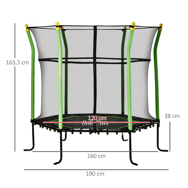 Trampolim para Crianças acima de 3 Anos Cama Elástica Infantil com Superfície de Salto Ø120 cm Rede de Segurança e Estrutura de Aço para Interiores e Exteriores Carga 50kg Ø160x163,5 cm Verde