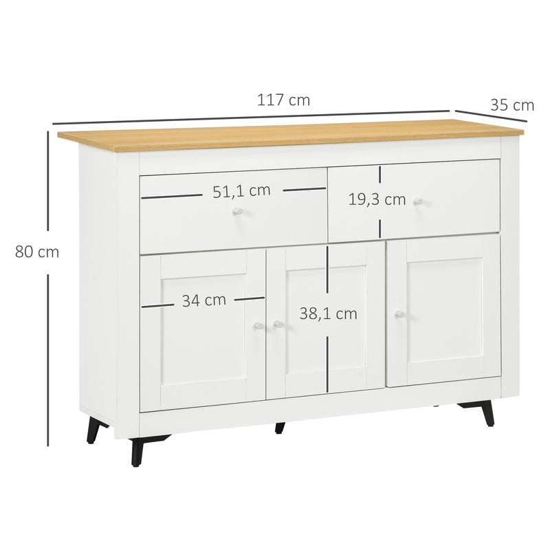 Aparador de Cozinha Móvel Auxiliar de Cozinha com 2 Gavetas 3 Portas e Prateleira Interior Ajustável Móvel de TV para Televisores de até 50 Polegadas 117x35x80 cm Branco e Madeira