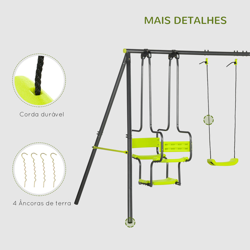 Conjunto de Baloiços Infantil com 2 Baloiços Baloiço Duplo e Estrutura de Aço Baloiços para Crianças de 3-8 Anos 355x184x186 cm Verde