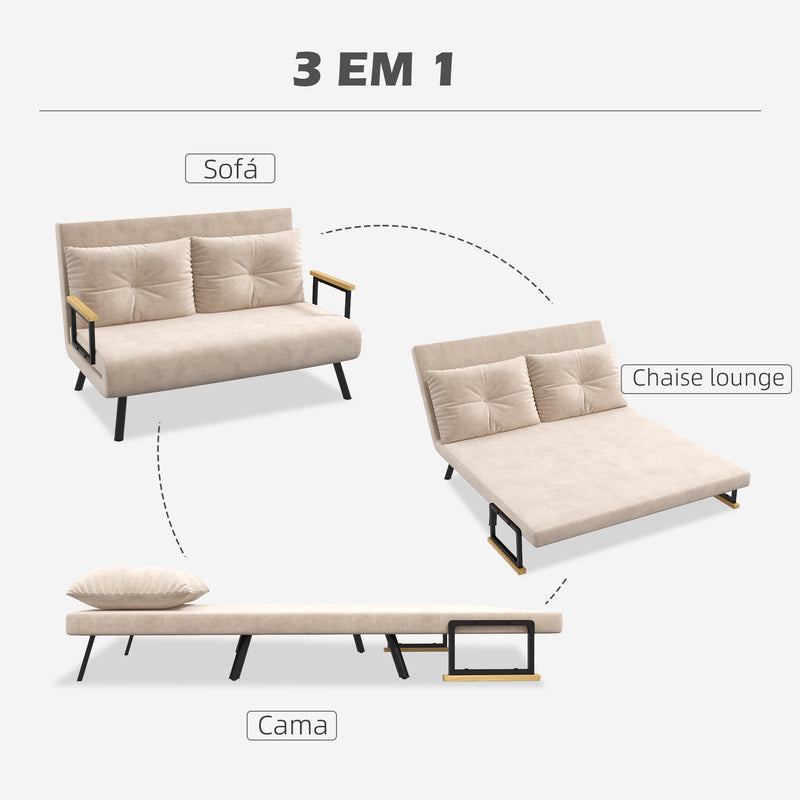 Sofá Cama Sofá Convertível em Cama de 2 Lugares Dobrável com Encosto Ajustável em 5 Níveis e 2 Almofadas Acolchoadas para Escritório Dormitório Sala de Estar 102x73x81 cm Bege