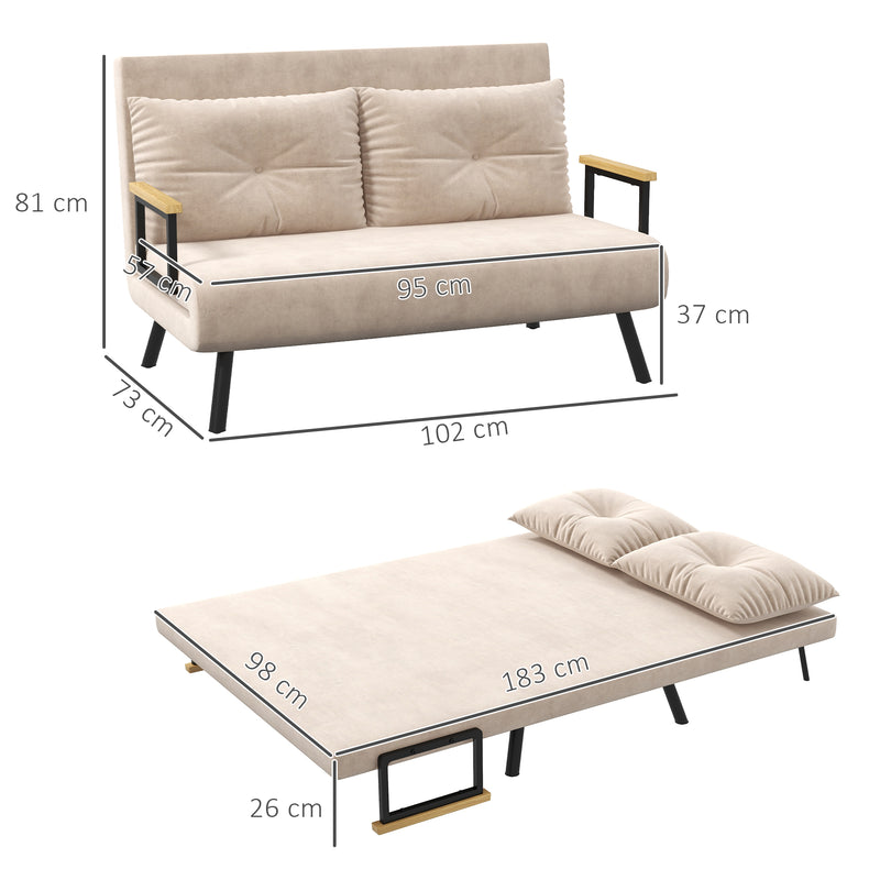 Sofá Cama Sofá Convertível em Cama de 2 Lugares Dobrável com Encosto Ajustável em 5 Níveis e 2 Almofadas Acolchoadas para Escritório Dormitório Sala de Estar 102x73x81 cm Bege