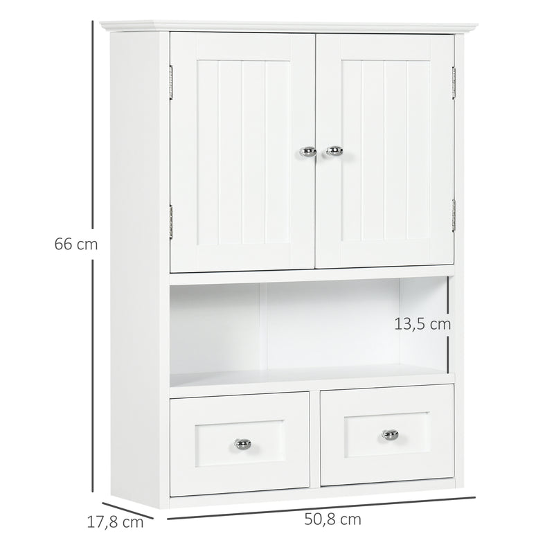 Armário de Parede para Casa de Banho Armário Suspenso de Casa de Banho com 2 Portas Prateleira Aberta e 2 Gavetas Estilo Moderno 50,8x17,8x66 cm Branco