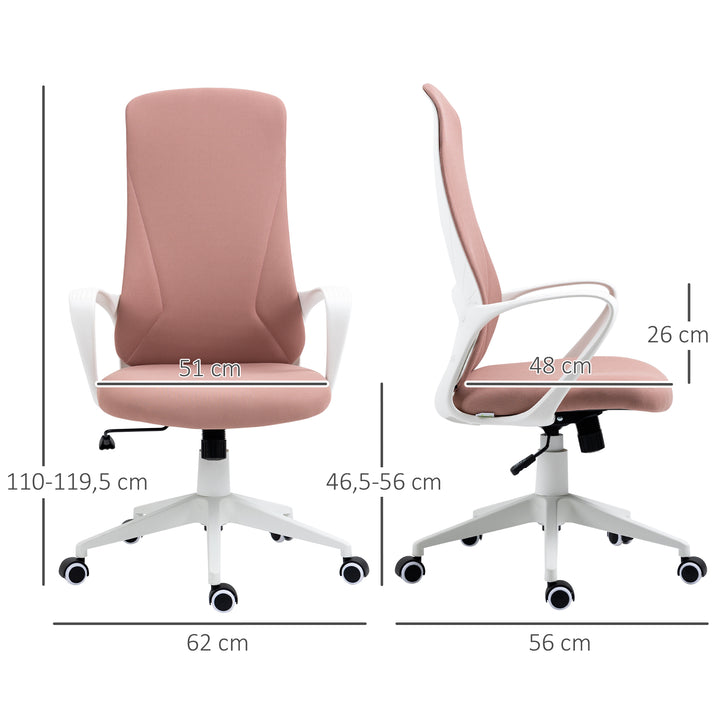 Cadeira de Escritório Giratória com Altura Ajustável Cadeira de Escritório Ergonómica com Apoio para os Braços Função de Inclinação e Encosto Alto para Sala de Estar Dormitório 62x56x110-119,5 cm Rosa