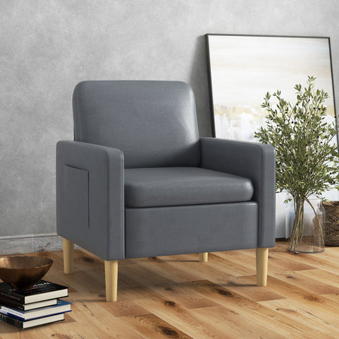 Poltrona Sala de Estar Poltrona Relax com 2 Bolsos Laterais Apoio para os Braços Assento Acolchoado Pés de Madeira Sofá Individual Moderno para Dormitório 73x79x87 cm Cinza