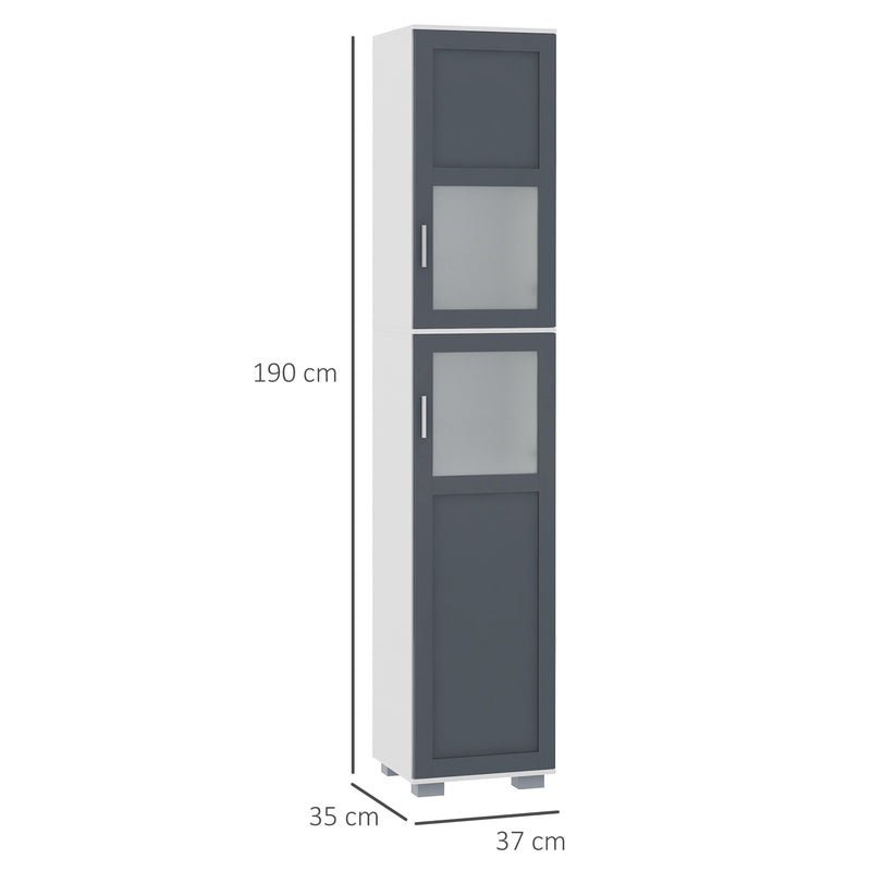 Coluna Casa de Banho Móvel Auxiliar Casa de Banho com 2 Portas com Vidro Temperado e Prateleiras Ajustáveis 37x35x190 cm Branco e Cinza