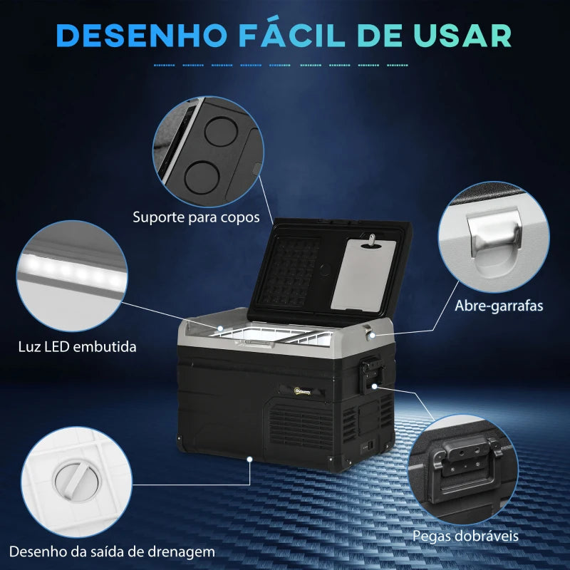 Frigorífico e Congelador de Compressor Portátil 35L Frigorífico de Carro CC 127/24V até -20? com Ecrã LED Tátil e 2 Alças Laterais 60x40x44cm Preto