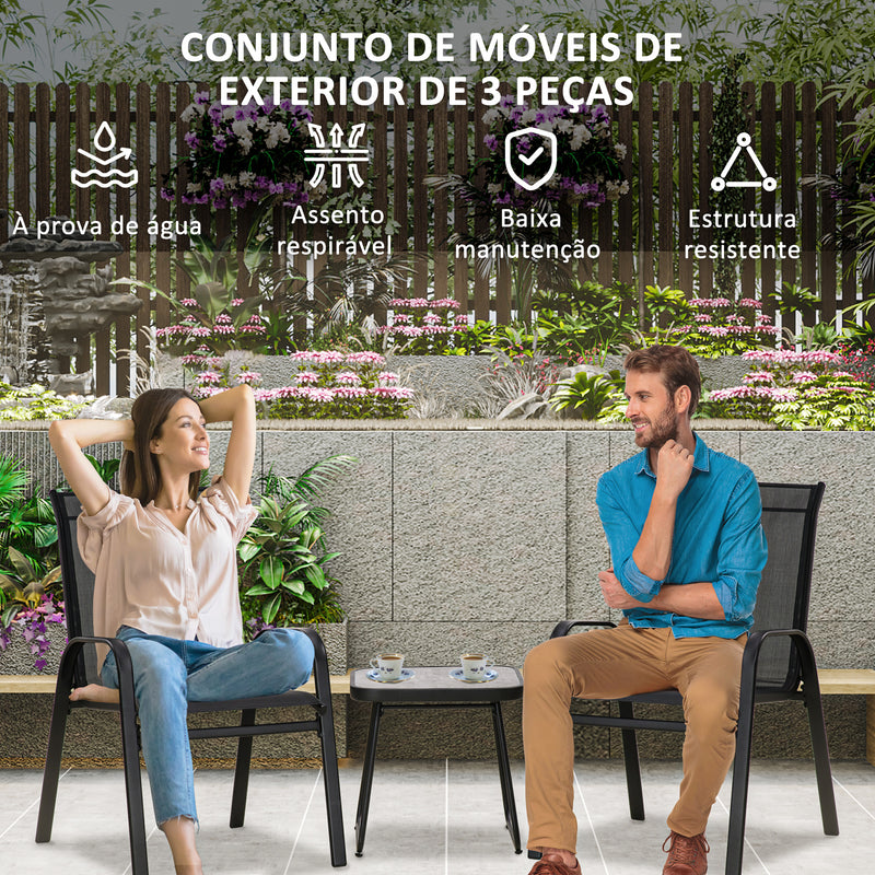 Conjunto de Móveis de Jardim 3 Peças Móveis de Exterior Incluí 2 Poltronas com Tecido de Malha Respirável e Mesa de Centro com Bancada de SPC Preto