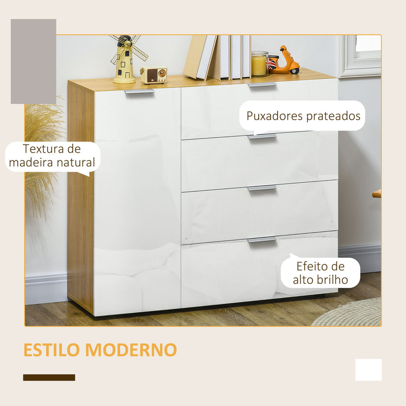 Aparador de Sala de Estar Cómoda com 4 Gavetas de Alto Brilho Porta e Prateleiras Ajustáveis para Sala de Jantar Dormitório 105x35x92 cm Branco e Madeira